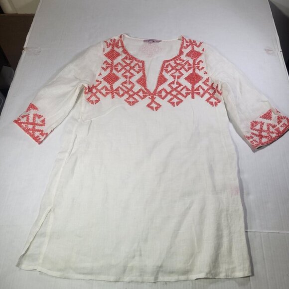 Calypso St Barth Tops - Calypso St Barth White Linen Tunic With Coral Embroidery Size XS